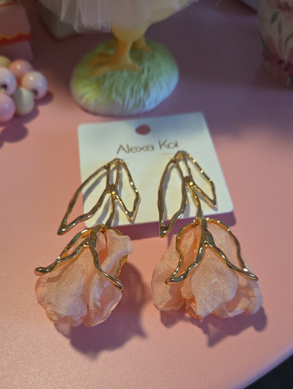 Peach/pink Rosebud Floral Drop Earrings in Soft Peach and Gold